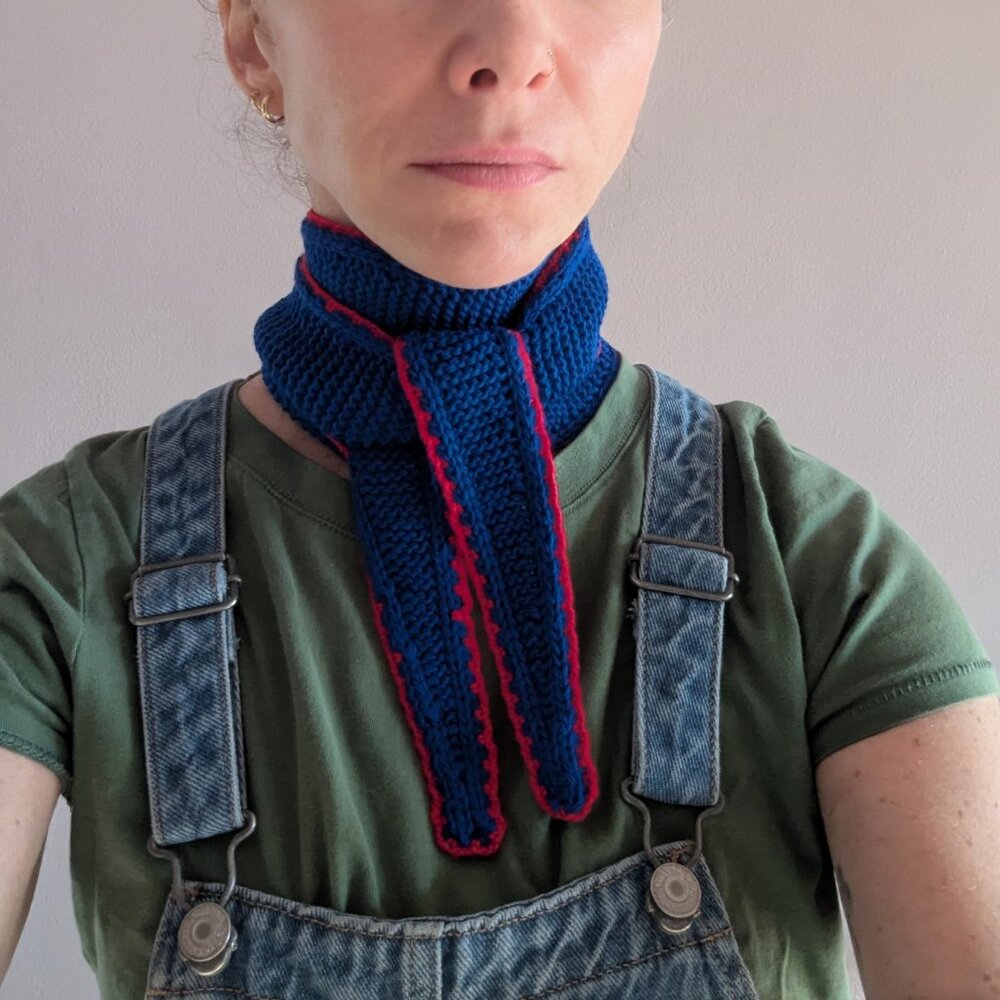 Handmade PetiteKnit Sophie Skinny Scarf Crimson & Cobalt Blue | Scandi Cool Girl - Picture 8 of 15